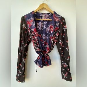 Free People Floral Blouse Patchwork Corded trim Long Sleeve